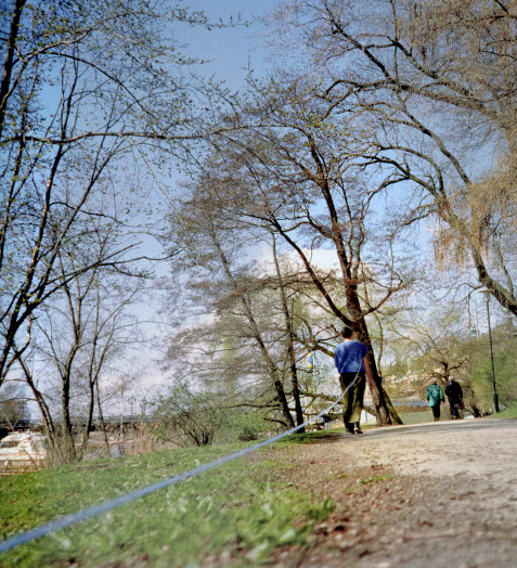 Homme tire un fil bleu dans un parc par Francis Alÿs, Fairy Tales, 1995