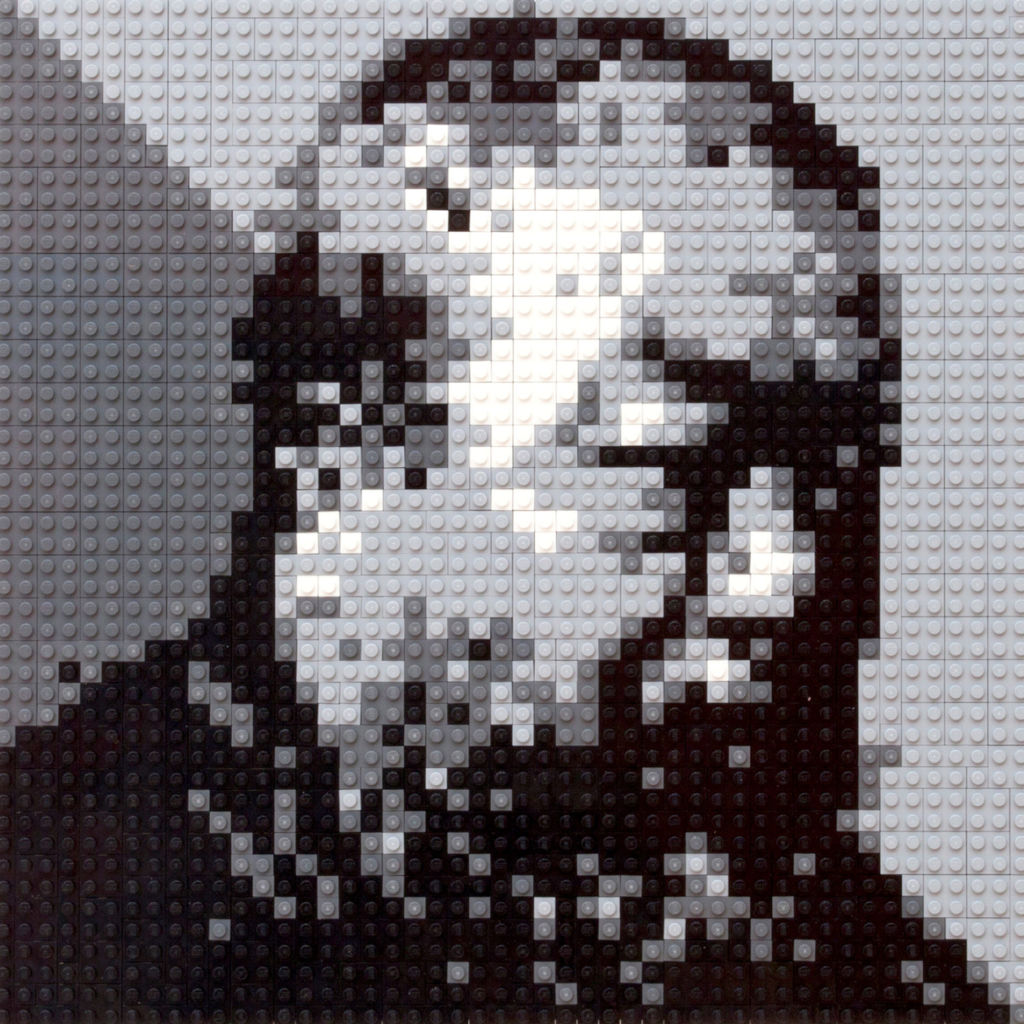 Portrait d'Ai Weiwei composé des Legos en noir et blanc