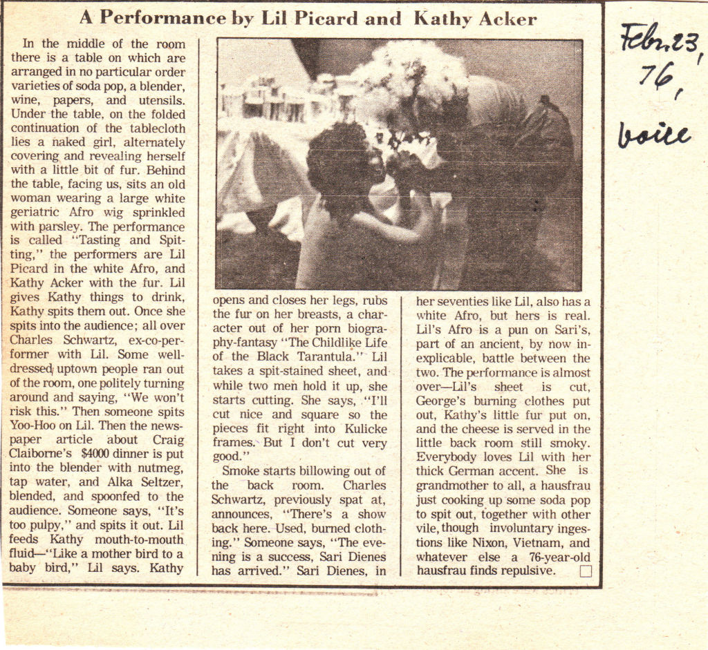 The Village Voice, performance de Lil Picard and Kathy Acker.