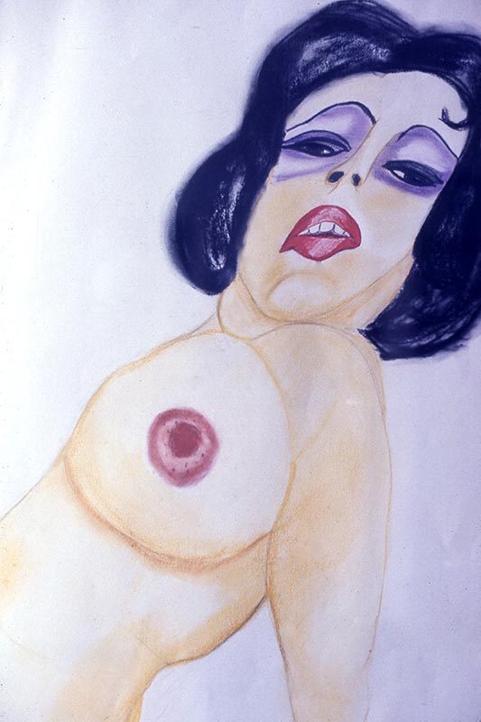 L'oeuvre de l'artiste Maria de la Paz Jaramillo, Mujer 1, 1973, crayon de couleur et pastel sec sur papier, 70 x 50cm. Collection de l'artiste