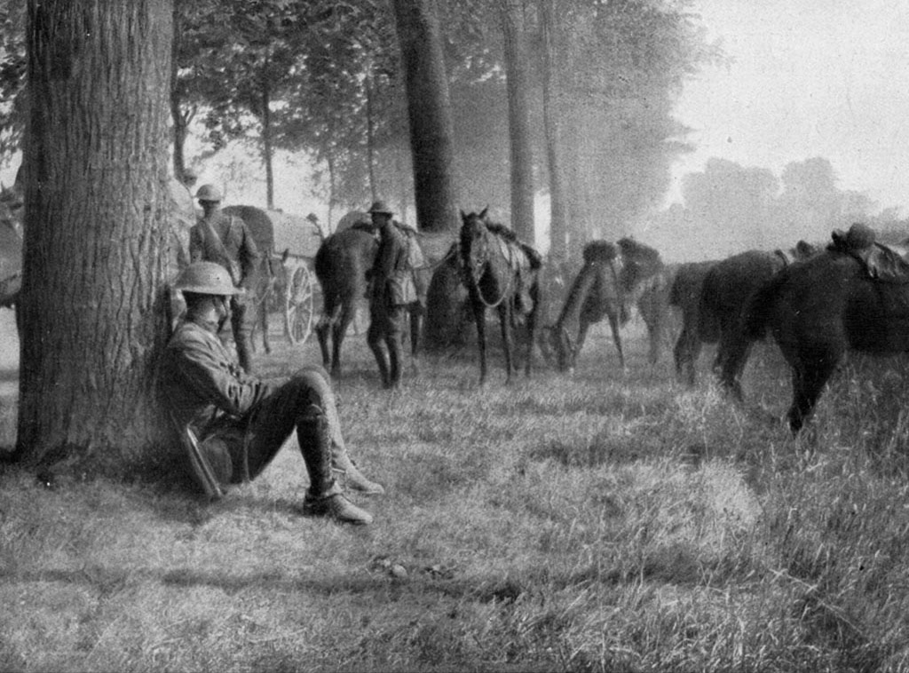 Unité de cavalerie américaine au repos, chemin des dames, 1918
