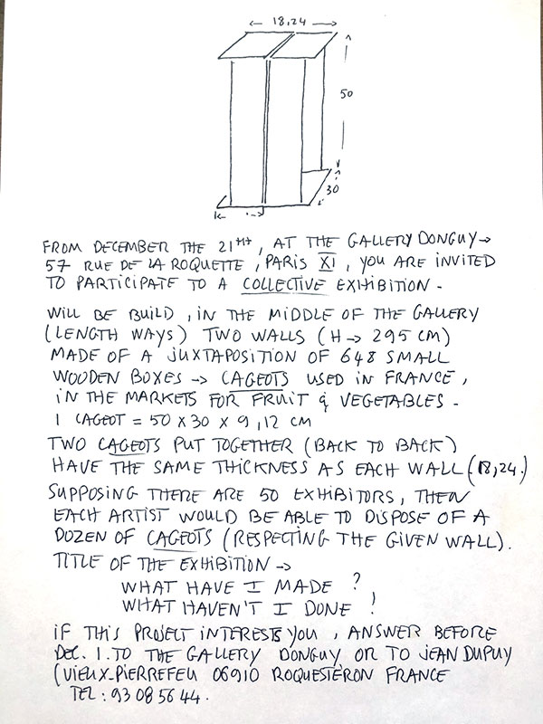 Jean Dupuy, appel à participation pour l’exposition Qu’est-ce que j’ai fabriqué ? Qu’est-ce que je n’ai pas fabriqué ! 1993 Photocopie au format A4